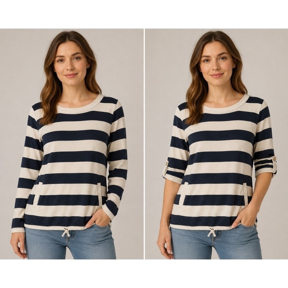 Sun Bay Pullover Shirt 100% Cotton Blue/Wh Stripe Pocket Drawstring XL Nautical